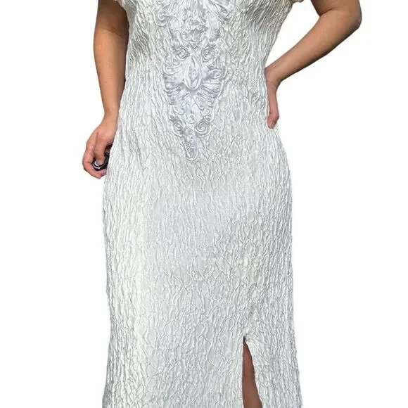 Vintage 90s Flirtation White Maxi Evening Dress Slit Off Shoulder Size Large